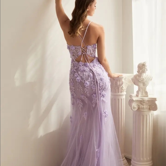Light Lavender Fitted Floral Applique Tulle Gown - Picture 2 of 4